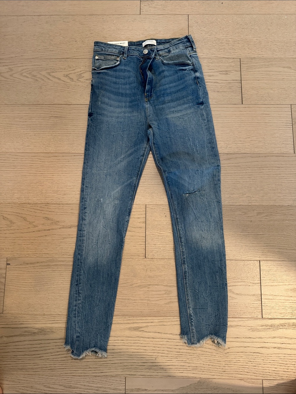 Zara Distressed Medium Blue Skinny Jeans with Raw Hem